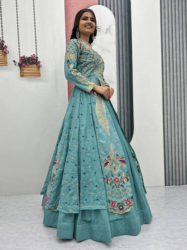 Sky Blue Peacock Thread Sequence Work Top With Lehenga Set