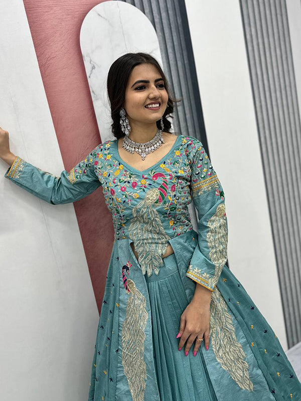 Sky Blue Peacock Thread Sequence Work Top With Lehenga Set