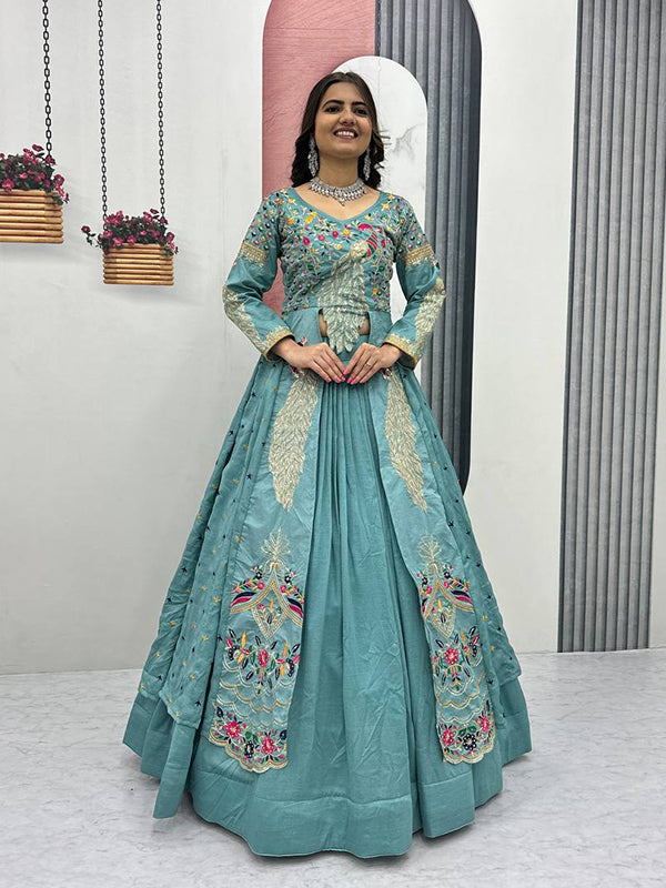 Sky Blue Peacock Thread Sequence Work Top With Lehenga Set