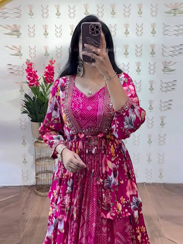 Pink Floral Printed Embroidery Thread Work Top Lehenga With Shrug