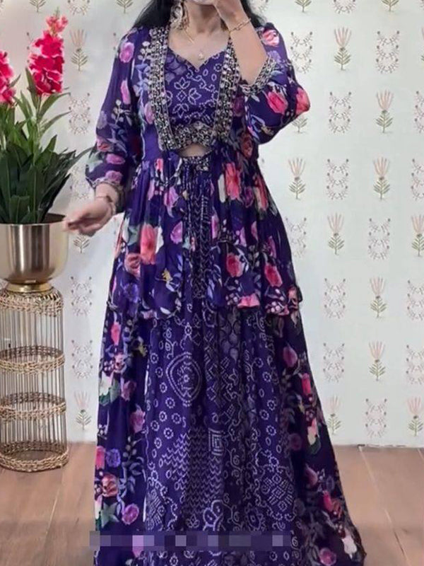Purple Floral Printed Embroidery Thread Work Top Lehenga With Shrug