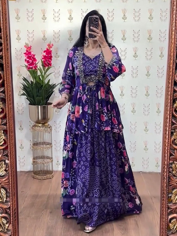Purple Floral Printed Embroidery Thread Work Top Lehenga With Shrug