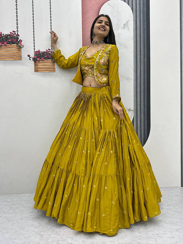 Mustard Yellow Embroidery Sequence Work Chinon Crop Top Lehenga With Shrug