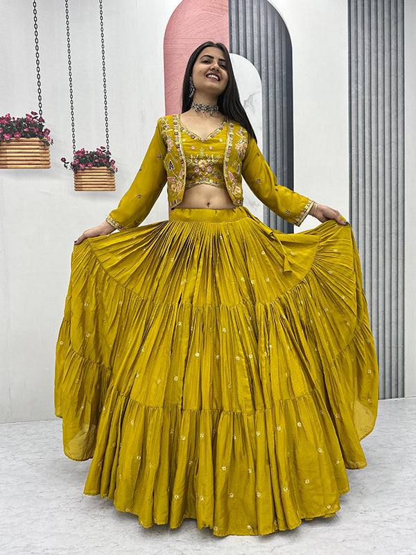 Mustard Yellow Embroidery Sequence Work Chinon Crop Top Lehenga With Shrug