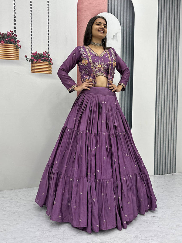 Purple Embroidery Sequence Work Chinon Crop Top Lehenga With Shrug