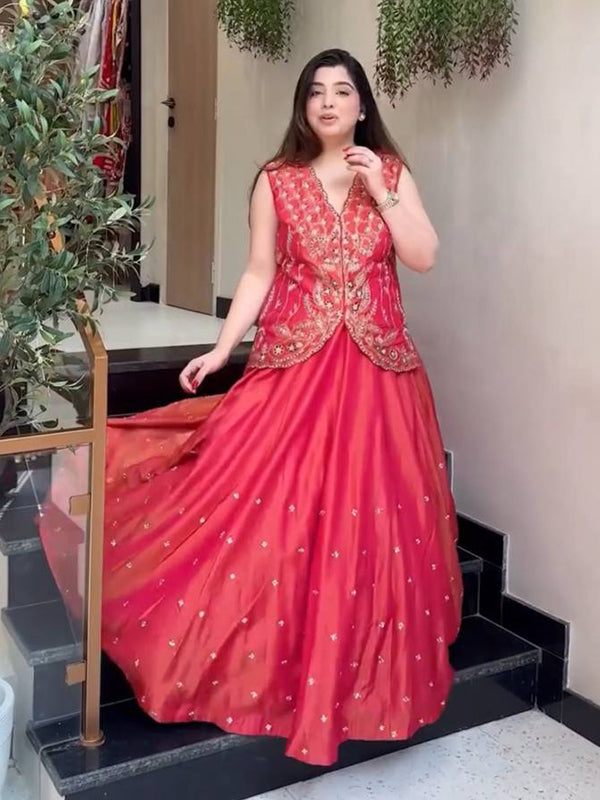 Dark Pink Embroidery Sequence Work Lehenga Choli With Georgette Shrug