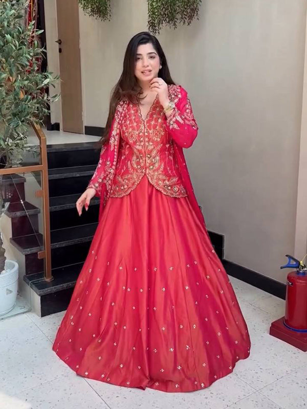 Dark Pink Embroidery Sequence Work Lehenga Choli With Georgette Shrug