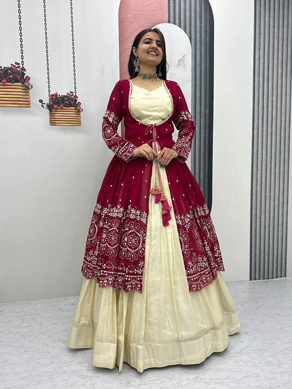 Dark Pink Simmer Cosmos Crop Top Lehenga With Thread Sequence Work Georgette Shrug