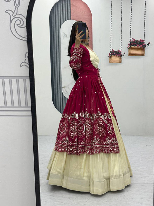 Dark Pink Simmer Cosmos Crop Top Lehenga With Thread Sequence Work Georgette Shrug