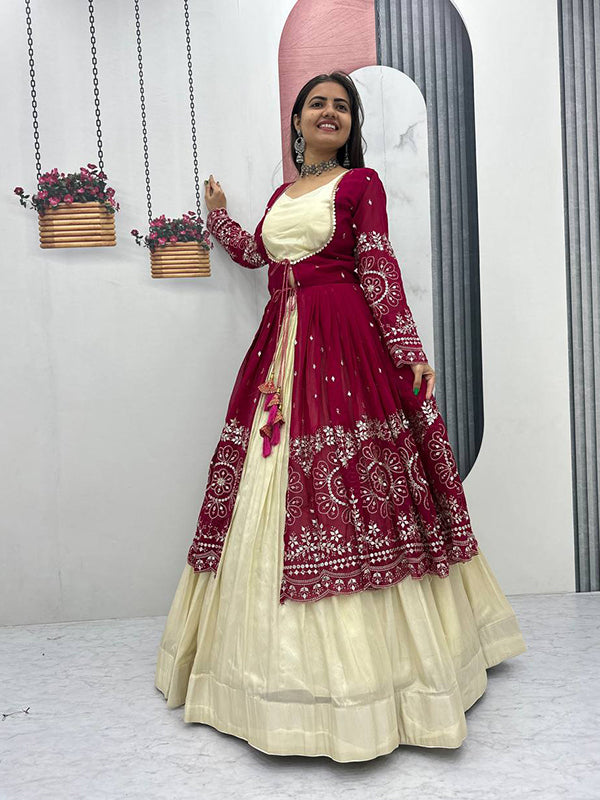 Dark Pink Simmer Cosmos Crop Top Lehenga With Thread Sequence Work Georgette Shrug