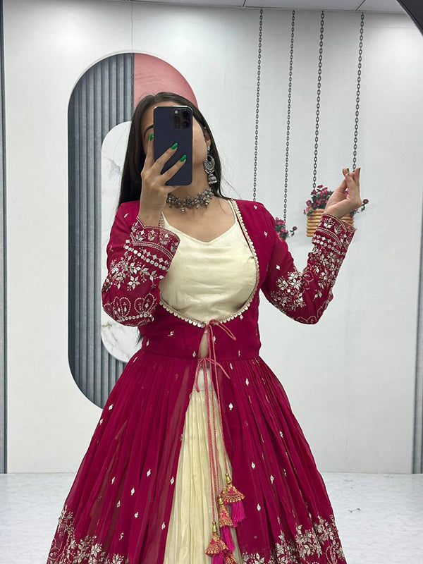 Dark Pink Simmer Cosmos Crop Top Lehenga With Thread Sequence Work Georgette Shrug