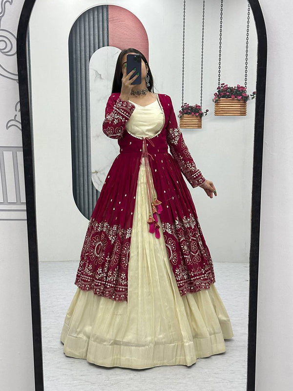 Dark Pink Simmer Cosmos Crop Top Lehenga With Thread Sequence Work Georgette Shrug