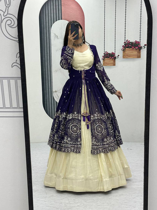 Purple Simmer Cosmos Crop Top Lehenga With Thread Sequence Work Georgette Shrug