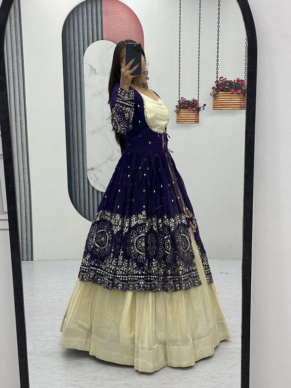 Purple Simmer Cosmos Crop Top Lehenga With Thread Sequence Work Georgette Shrug