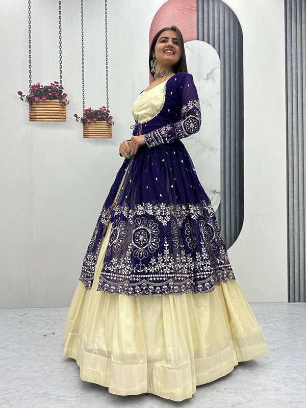 Purple Simmer Cosmos Crop Top Lehenga With Thread Sequence Work Georgette Shrug