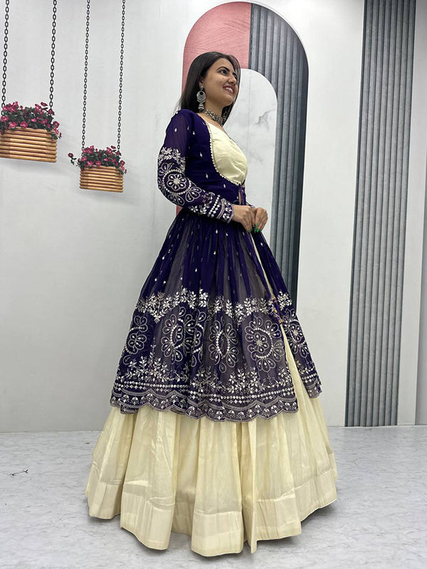 Purple Simmer Cosmos Crop Top Lehenga With Thread Sequence Work Georgette Shrug