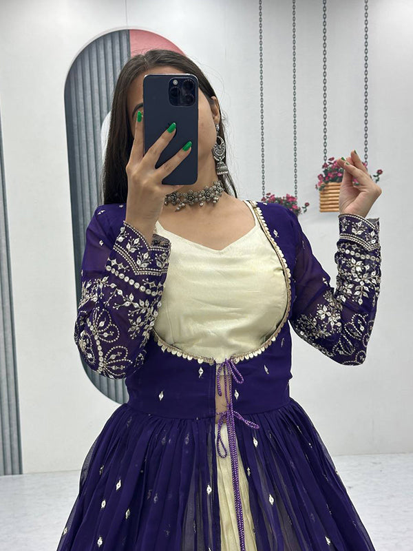 Purple Simmer Cosmos Crop Top Lehenga With Thread Sequence Work Georgette Shrug
