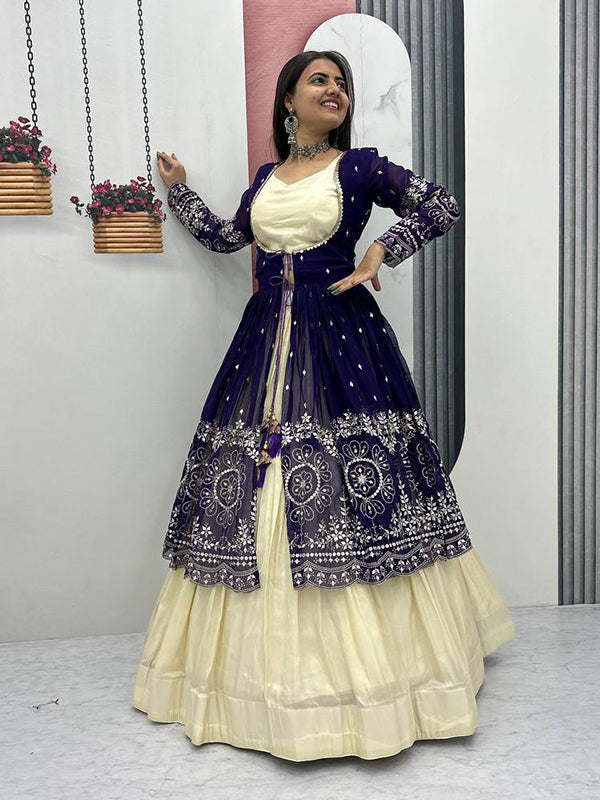 Purple Simmer Cosmos Crop Top Lehenga With Thread Sequence Work Georgette Shrug