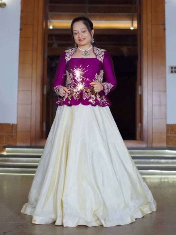 Purple Embroidery Sequence Work Crop Top & White Chinon Lehenga Set