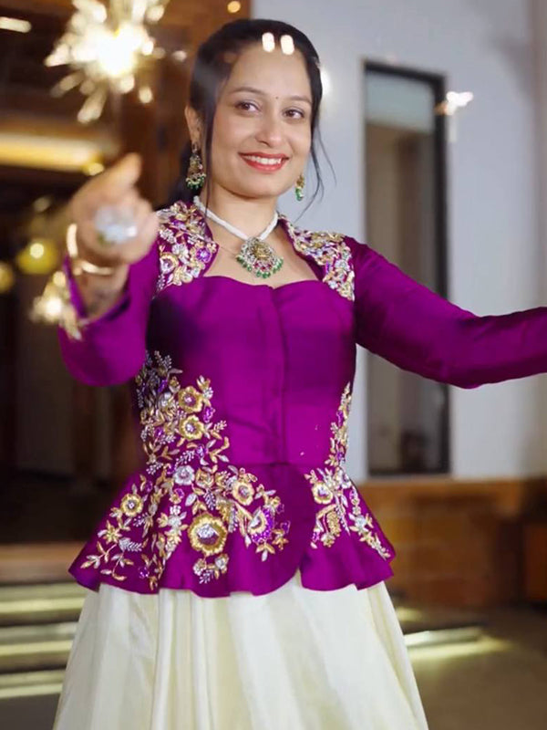 Purple Embroidery Sequence Work Crop Top & White Chinon Lehenga Set