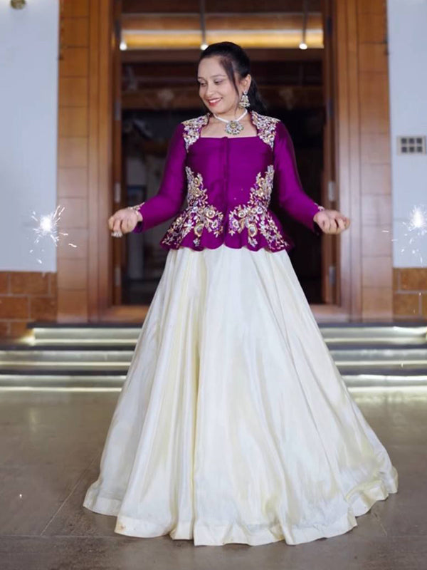 Purple Embroidery Sequence Work Crop Top & White Chinon Lehenga Set