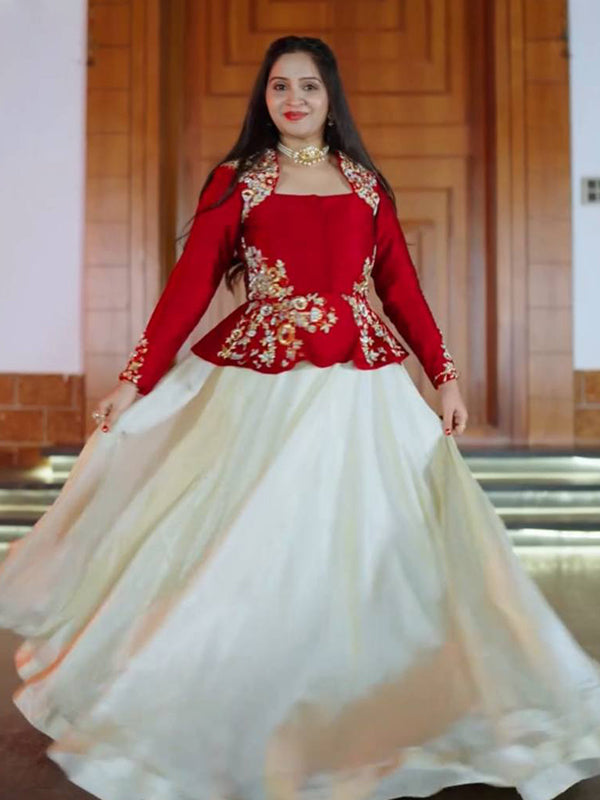 Red Embroidery Sequence Work Crop Top & White Chinon Lehenga Set