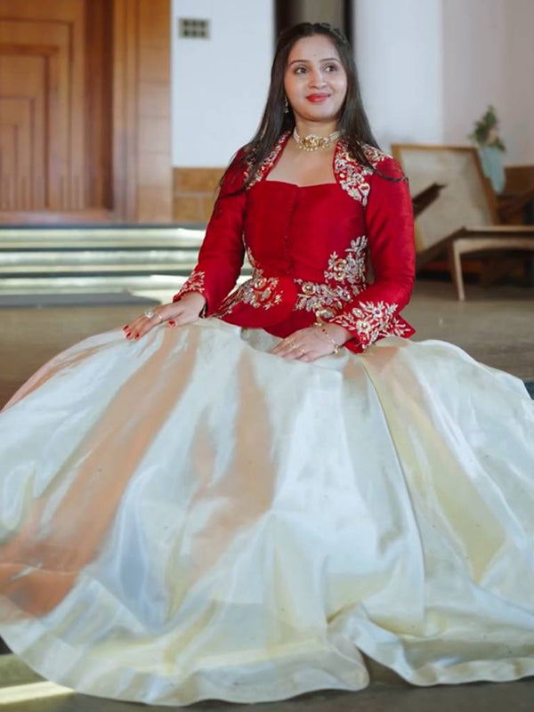 Red Embroidery Sequence Work Crop Top & White Chinon Lehenga Set