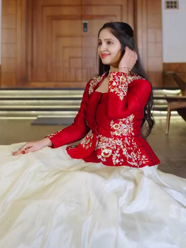 Red Embroidery Sequence Work Crop Top & White Chinon Lehenga Set