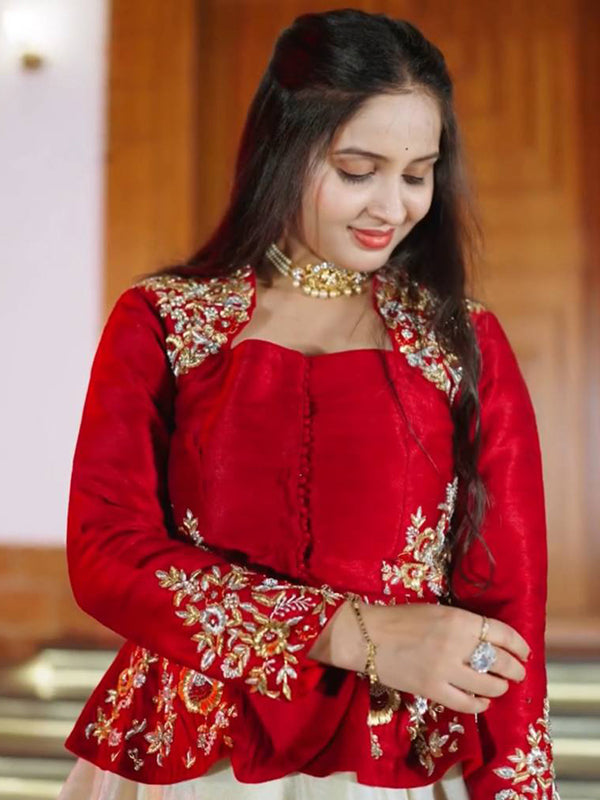 Red Embroidery Sequence Work Crop Top & White Chinon Lehenga Set