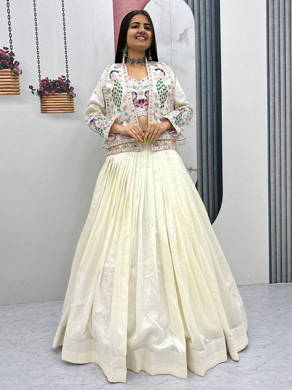 Off White Thread Sequence Work Vichitra Silk Crop Top Lehenga With Shrug