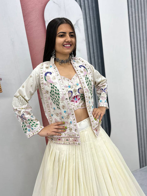 Off White Thread Sequence Work Vichitra Silk Crop Top Lehenga With Shrug