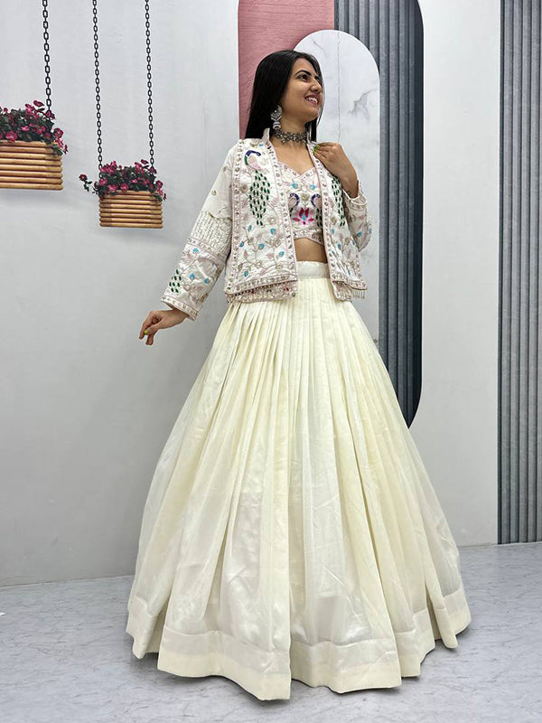 Off White Thread Sequence Work Vichitra Silk Crop Top Lehenga With Shrug
