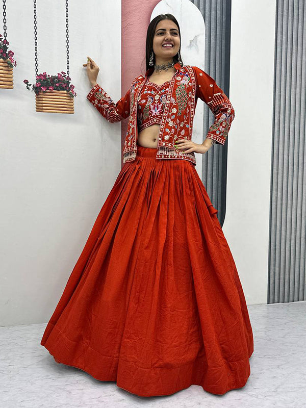 Rust Orange Thread Sequence Work Vichitra Silk Crop Top Lehenga With Shrug