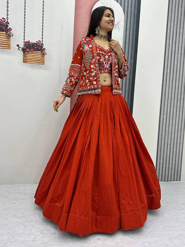 Rust Orange Thread Sequence Work Vichitra Silk Crop Top Lehenga With Shrug