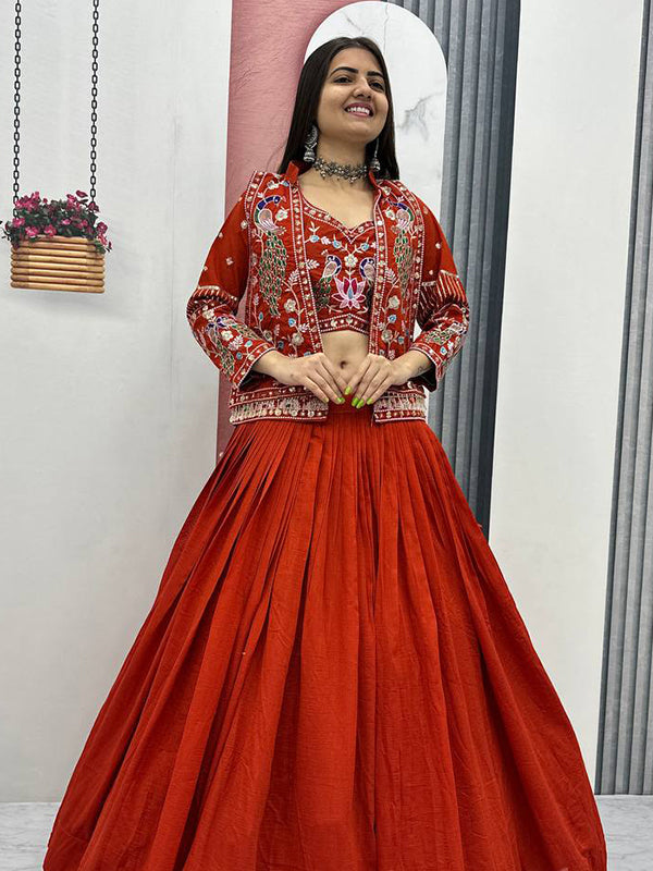 Rust Orange Thread Sequence Work Vichitra Silk Crop Top Lehenga With Shrug