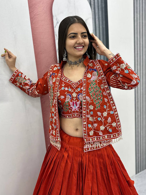 Rust Orange Thread Sequence Work Vichitra Silk Crop Top Lehenga With Shrug