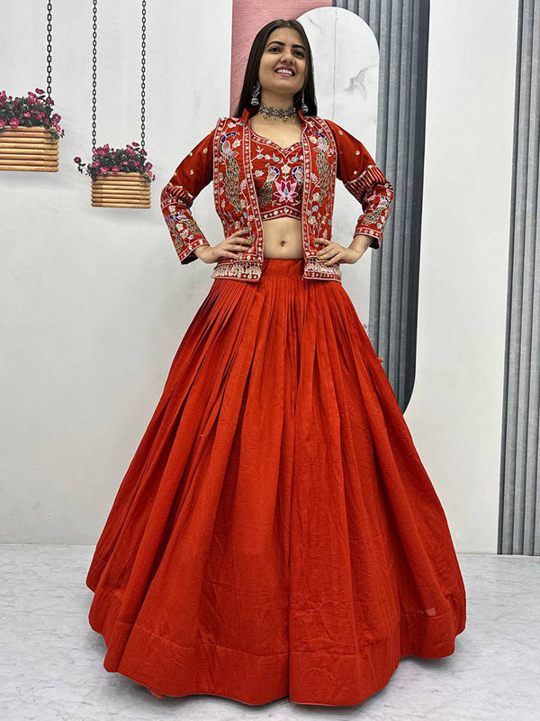 Rust Orange Thread Sequence Work Vichitra Silk Crop Top Lehenga With Shrug