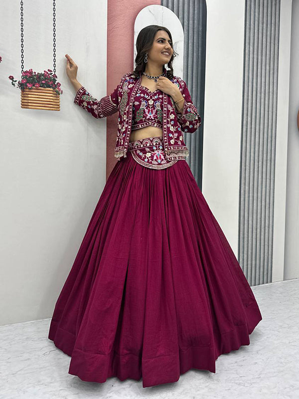 Dark Pink Thread Sequence Work Vichitra Silk Crop Top Lehenga With Shrug