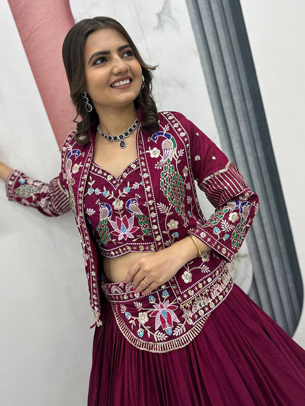 Dark Pink Thread Sequence Work Vichitra Silk Crop Top Lehenga With Shrug