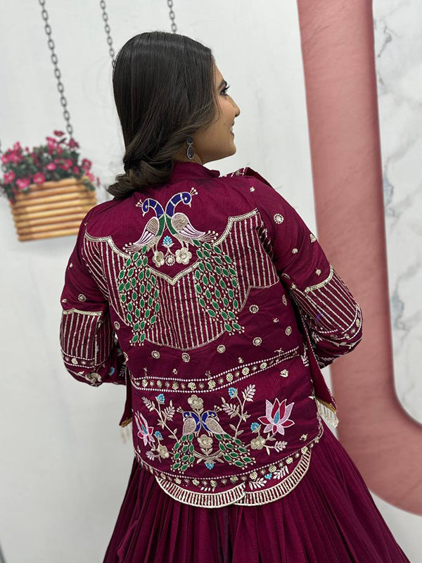 Dark Pink Thread Sequence Work Vichitra Silk Crop Top Lehenga With Shrug