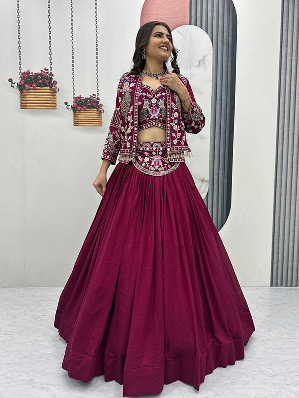 Dark Pink Thread Sequence Work Vichitra Silk Crop Top Lehenga With Shrug