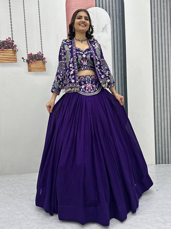 Purple Thread Sequence Work Vichitra Silk Crop Top Lehenga With Shrug