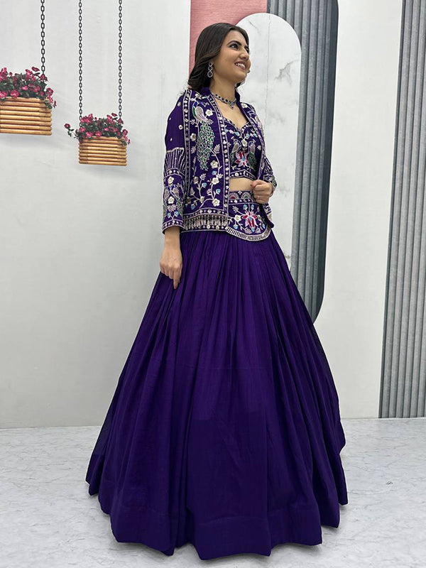 Purple Thread Sequence Work Vichitra Silk Crop Top Lehenga With Shrug