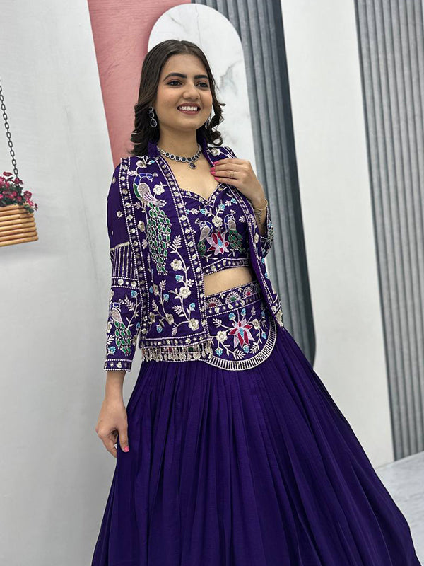 Purple Thread Sequence Work Vichitra Silk Crop Top Lehenga With Shrug
