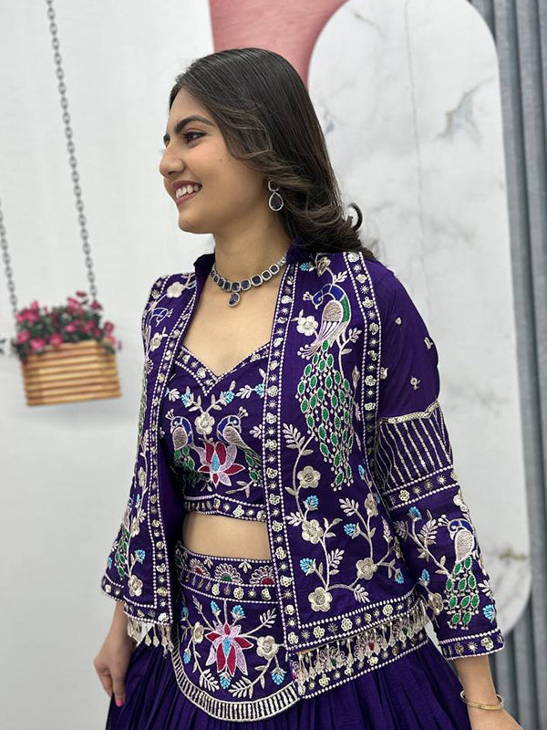 Purple Thread Sequence Work Vichitra Silk Crop Top Lehenga With Shrug