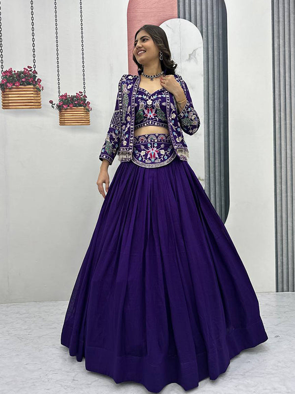 Purple Thread Sequence Work Vichitra Silk Crop Top Lehenga With Shrug