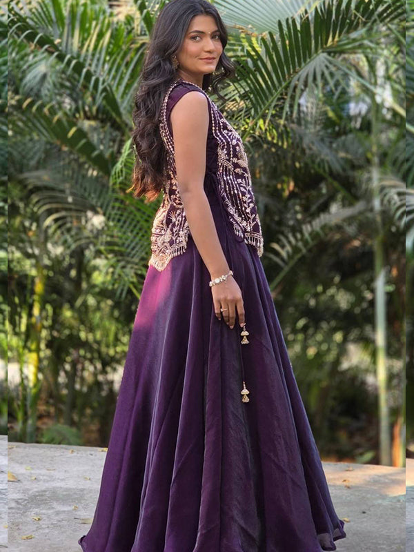 Purple Thread Sequence Work Vichitra Silk Lehenga Choli With Shrug