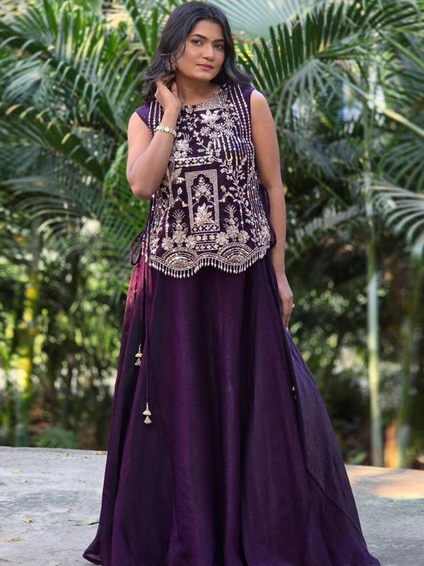 Purple Thread Sequence Work Vichitra Silk Lehenga Choli With Shrug