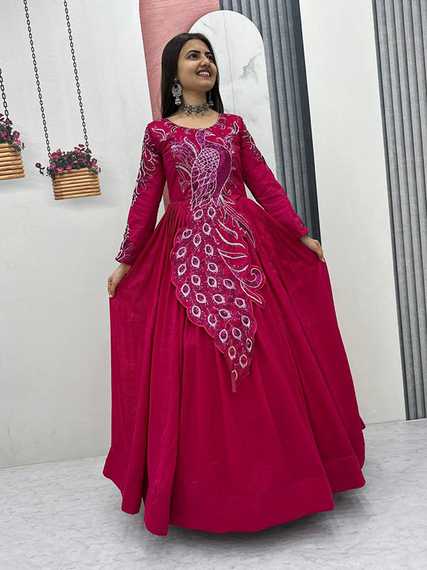 Dark Pink Peacock Embroidery Sequence Work Top With Lehenga Set