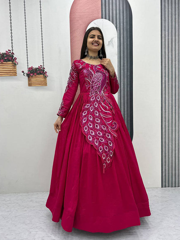 Dark Pink Peacock Embroidery Sequence Work Top With Lehenga Set